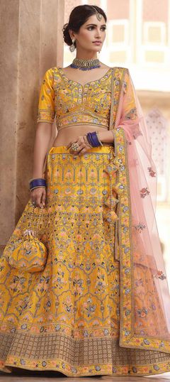 Bridal, Wedding Yellow color Lehenga in Crepe Silk fabric with A Line Sequence, Swarovski, Thread, Zari work : 1770238