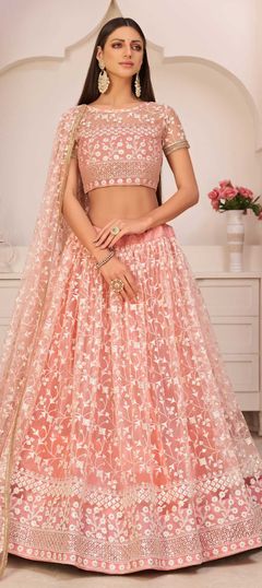 Pink and Majenta color Lehenga in Net fabric with Embroidered, Sequence, Thread, Zari work