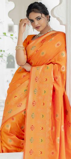 Yellow color Saree in Banarasi Silk, Silk fabric with Weaving work