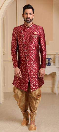 Red and Maroon color IndoWestern Dress in Brocade, Jacquard fabric with Broches, Weaving work : 1771131