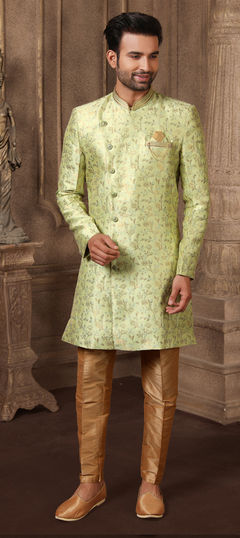 Green color IndoWestern Dress in Brocade, Jacquard fabric with Broches, Weaving work : 1771141