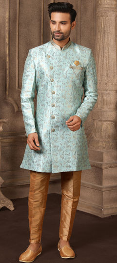 Blue color IndoWestern Dress in Brocade, Jacquard fabric with Broches, Weaving work : 1771142