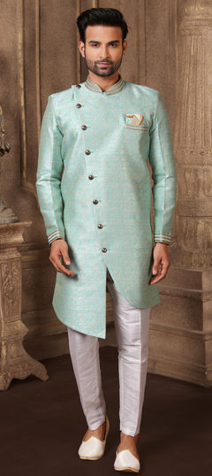 Blue color IndoWestern Dress in Brocade, Jacquard fabric with Weaving work