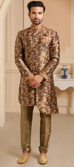 Beige and Brown color IndoWestern Dress in Brocade, Jacquard fabric with Broches, Weaving work