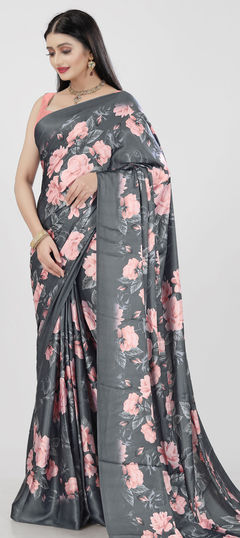 Multicolor color Saree in Satin Silk, Silk fabric with Digital Print, Floral, Printed work