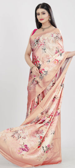 Multicolor color Saree in Satin Silk, Silk fabric with Digital Print, Floral, Printed work