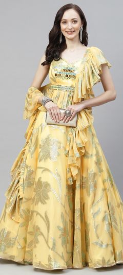 Yellow color Lehenga in Faux Georgette fabric with Weaving work