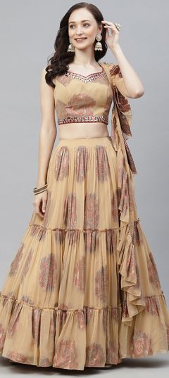 Festive, Party Wear Beige and Brown color Lehenga in Faux Georgette fabric with Ruffle Weaving work : 1771237