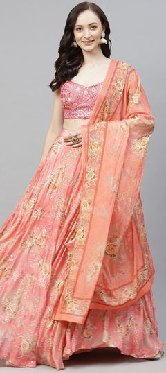 Festive, Party Wear Pink and Majenta color Lehenga in Chiffon fabric with Flared Embroidered, Floral, Sequence work : 1771240