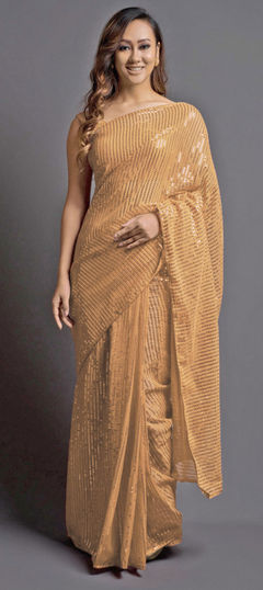 Beige and Brown color Saree in Georgette fabric with Embroidered, Sequence, Thread work