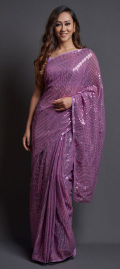 Purple and Violet color Saree in Georgette fabric with Embroidered, Sequence, Thread work