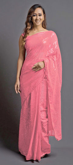 Pink and Majenta color Saree in Georgette fabric with Embroidered, Sequence, Thread work