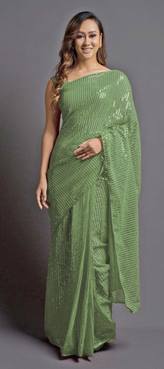 Green color Saree in Georgette fabric with Embroidered, Sequence, Thread work