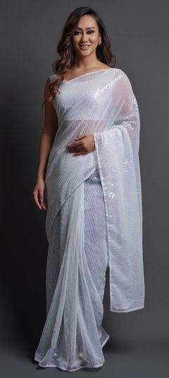 White and Off White color Saree in Georgette fabric with Embroidered, Sequence, Thread work