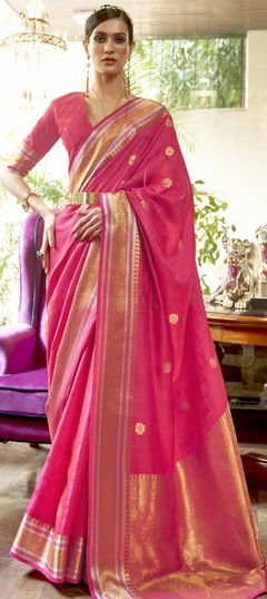 Traditional Pink and Majenta color Saree in Kanchipuram Silk, Silk fabric with South Weaving work : 1771369