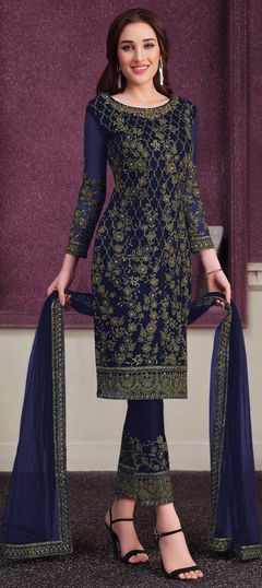 Party Wear Blue color Salwar Kameez in Satin Silk fabric with Straight Embroidered, Sequence, Thread work : 1771398