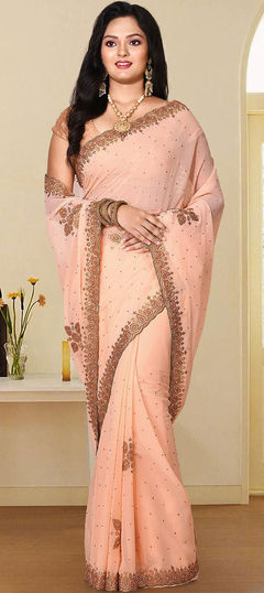 Engagement, Party Wear, Wedding Pink and Majenta color Saree in Georgette fabric with Classic Stone, Thread work : 1771598