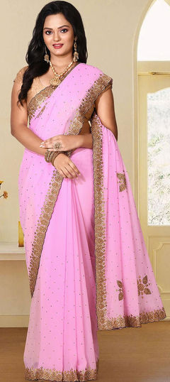 Engagement, Party Wear, Wedding Pink and Majenta color Saree in Georgette fabric with Classic Stone, Thread work : 1771600