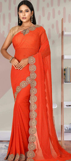 Engagement, Party Wear, Wedding Orange color Saree in Georgette fabric with Classic Stone, Thread work : 1771616