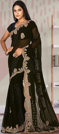 Black and Grey color Saree in Georgette fabric with Stone, Thread work