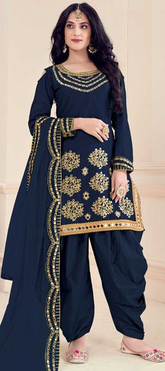 Blue color Salwar Kameez in Art Silk, Silk fabric with Embroidered, Mirror, Thread work