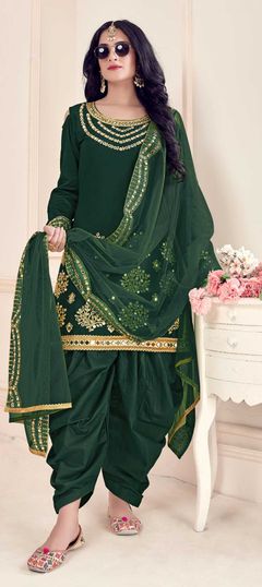 Green color Salwar Kameez in Art Silk, Silk fabric with Embroidered, Mirror, Thread work