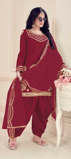 Red and Maroon color Salwar Kameez in Art Silk, Silk fabric with Embroidered, Mirror, Thread work