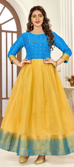 Blue, Yellow color Gown in Organza Silk fabric with Bugle Beads, Cut Dana, Thread work