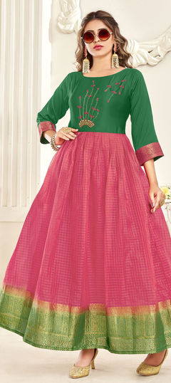 Green, Pink and Majenta color Gown in Organza Silk fabric with Bugle Beads, Cut Dana, Thread work