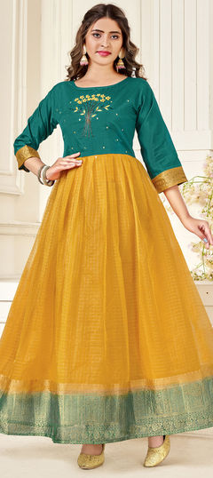 Blue, Yellow color Gown in Organza Silk fabric with Bugle Beads, Cut Dana, Thread work