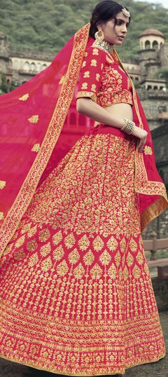 Bridal, Wedding Pink and Majenta color Lehenga in Satin Silk fabric with A Line Embroidered, Stone, Thread, Zari work : 1772084