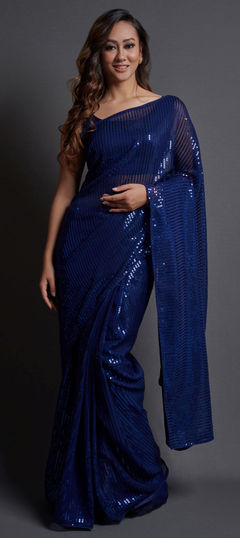 Blue color Saree in Georgette fabric with Embroidered, Sequence, Thread work