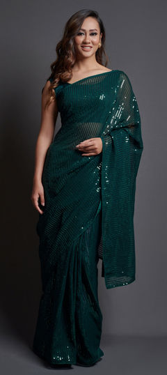 Green color Saree in Georgette fabric with Embroidered, Sequence, Thread work