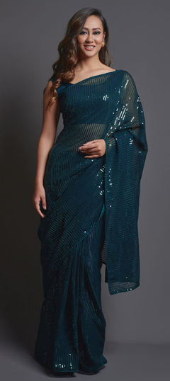 Blue color Saree in Georgette fabric with Embroidered, Sequence, Thread work