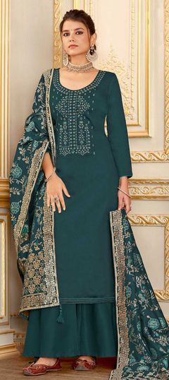 Blue color Salwar Kameez in Cotton fabric with Embroidered, Resham, Stone, Weaving, Zari work