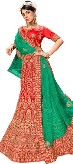 Red and Maroon color Lehenga in Satin Silk fabric with Embroidered, Stone, Thread, Zari work