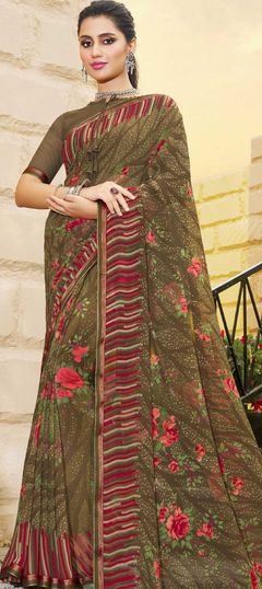 Beige and Brown color Saree in Georgette fabric with Floral, Printed work