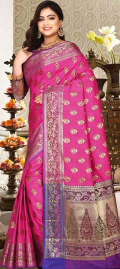 Traditional, Wedding Pink and Majenta color Saree in Kanchipuram Silk, Silk fabric with South Weaving work : 1772568