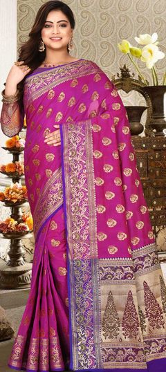 Pink and Majenta color Saree in Kanchipuram Silk, Silk fabric with Weaving work