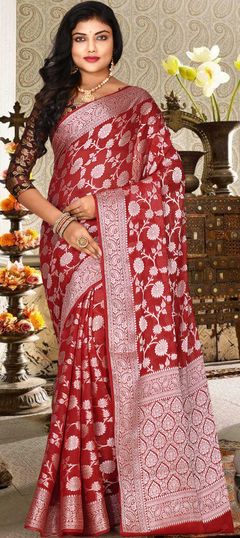 Red and Maroon color Saree in Georgette fabric with Weaving work