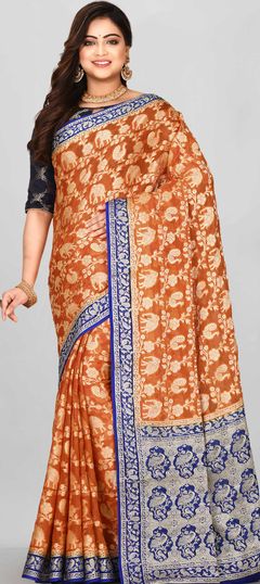 Beige and Brown color Saree in Georgette fabric with Weaving work