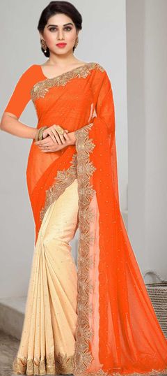 Beige and Brown, Orange color Saree in Georgette fabric with Cut Dana, Stone work