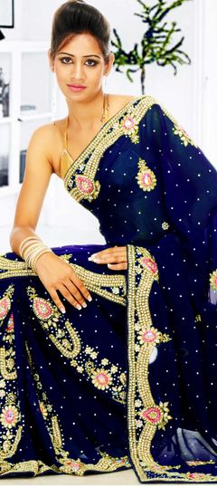 Bridal, Wedding Blue color Saree in Georgette fabric with Classic Bugle Beads, Cut Dana, Stone work : 1772780