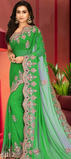 Green color Saree in Georgette fabric with Cut Dana, Stone, Thread work