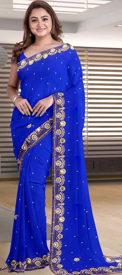 Bridal, Wedding Blue color Saree in Georgette fabric with Classic Cut Dana, Stone, Thread work : 1772787