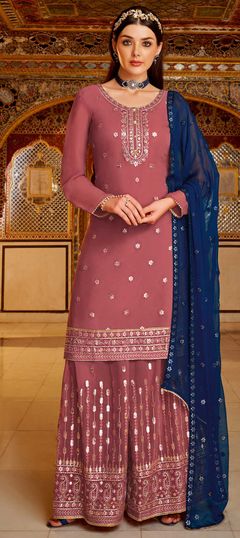 Pink and Majenta color Salwar Kameez in Georgette fabric with Embroidered, Sequence, Thread work