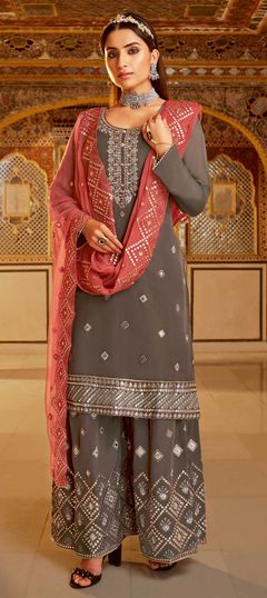 Black and Grey color Salwar Kameez in Georgette fabric with Embroidered, Mirror, Thread work