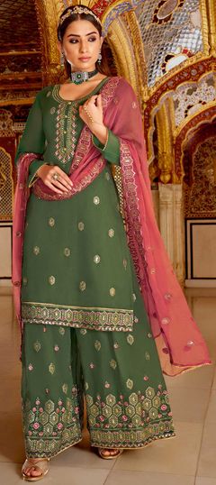 Green color Salwar Kameez in Georgette fabric with Embroidered, Sequence, Thread work