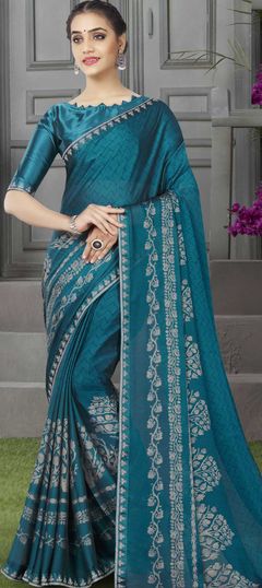 Blue color Saree in Georgette fabric with Floral, Printed work