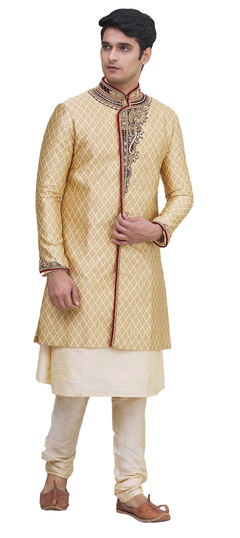 Gold color Sherwani in Brocade fabric with Bugle Beads, Cut Dana, Patch, Thread, Zardozi work